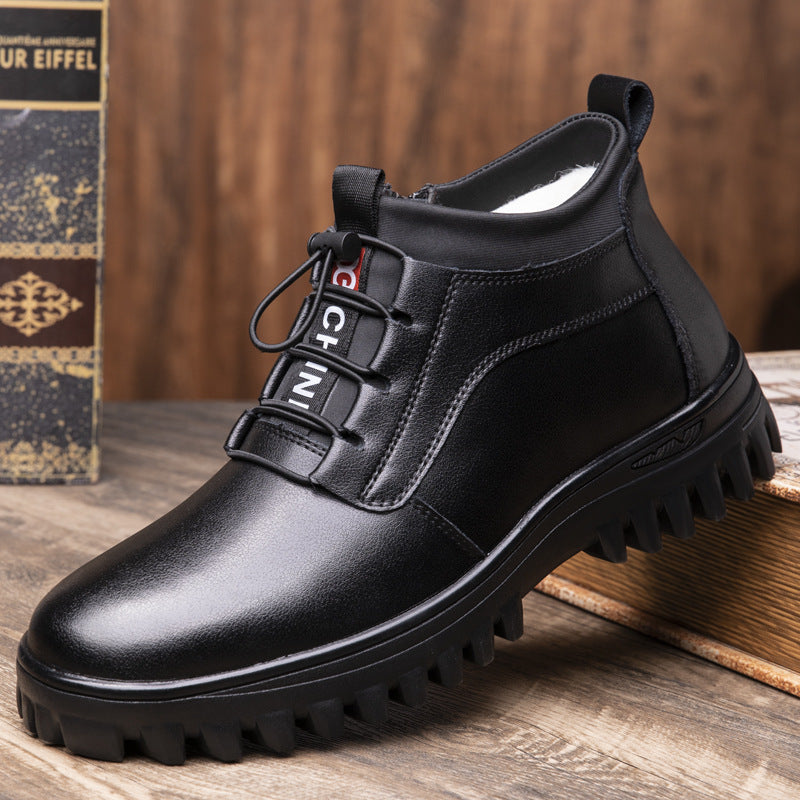 High-Top Cotton Boots 2026 Winter New Style Workwear Men's Shoes Trendy Wool Snow Boots Leather Lace-Up Warm Leather Shoes