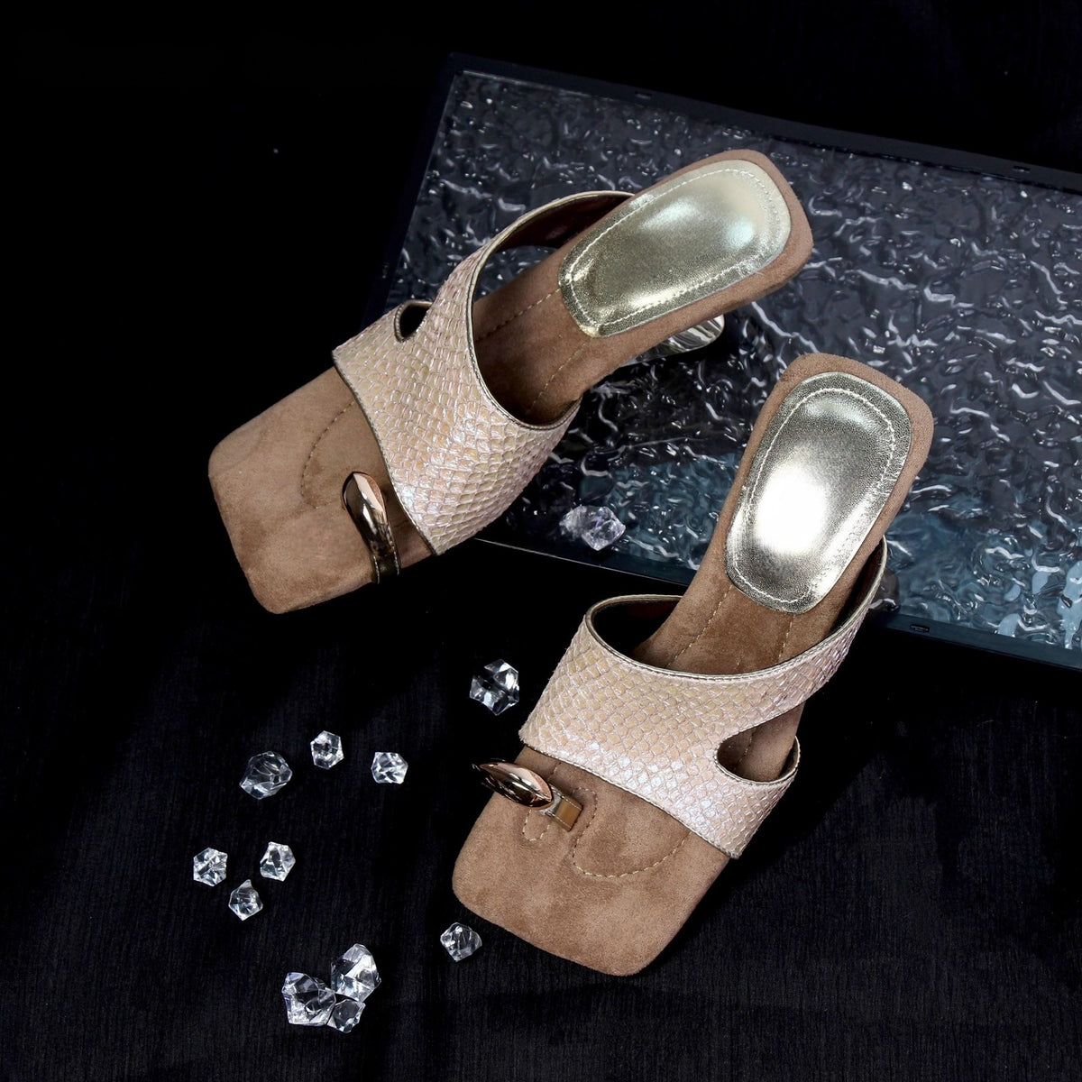 Niche Design Deep Sea Fish Skin Mermaid Fantasy High Heels Women's Summer Retro Square Toe Elegant Wedge Heel Flip-Flops