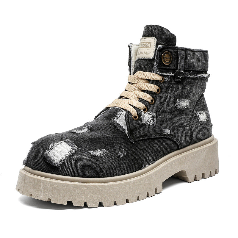 Men's Rip Cowboy Boots Vintage Martin Boots Breathable Ankle Boots Autumn Thick-soled Men's Boots British Style Workwear Single Boots Z32
