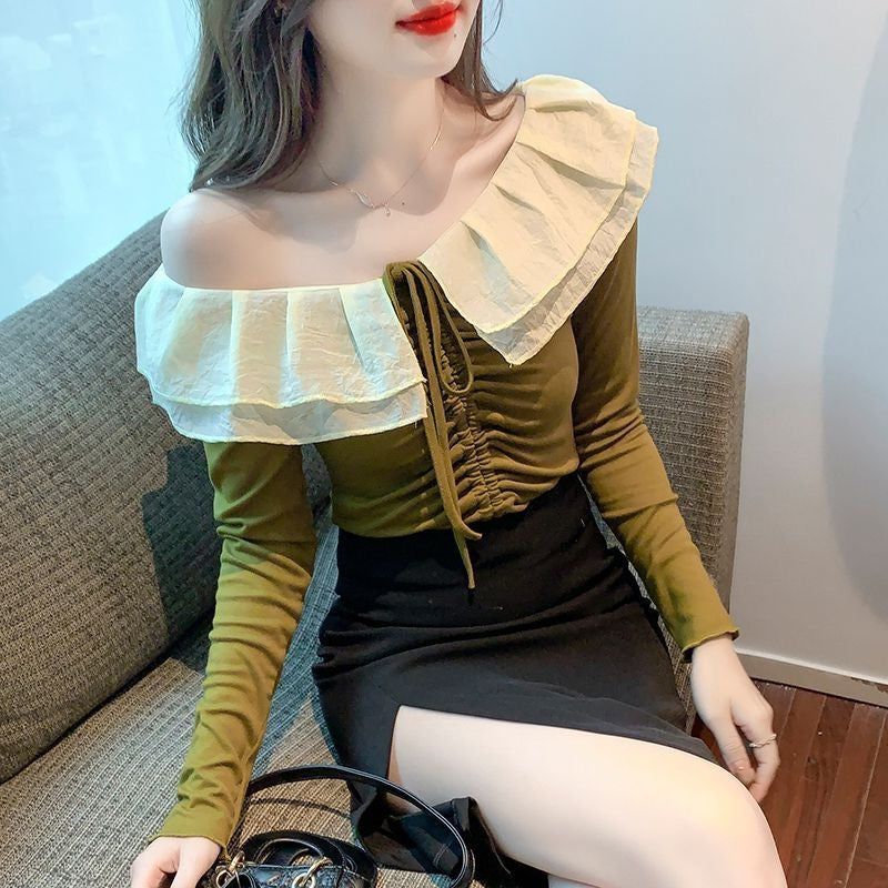 Pure Desire Hot Girl One-Shoulder Long Sleeve T-Shirt for Women 2024 Autumn New Style with Unique Ruffle Design Short Top