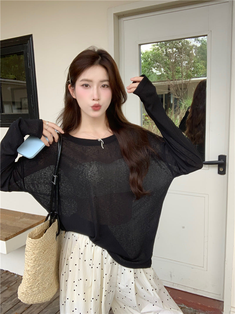 Cross-Border Thin Sun Protection Long-Sleeved T-Shirt for Women in Summer, Loose Suspenders, Air-Conditioned Shirts, Blouses, Layered Inner Tops