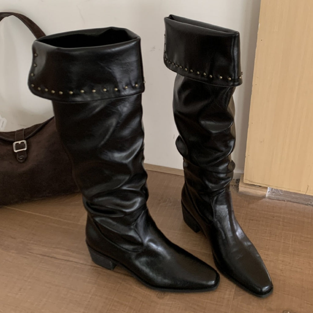 Original In-Stock 2025 Autumn and Winter Comfortable Mid-Heel Slouch Boots for Women, Chunky Heel, Square Toe, Black Over-The-Knee High Boots for Women