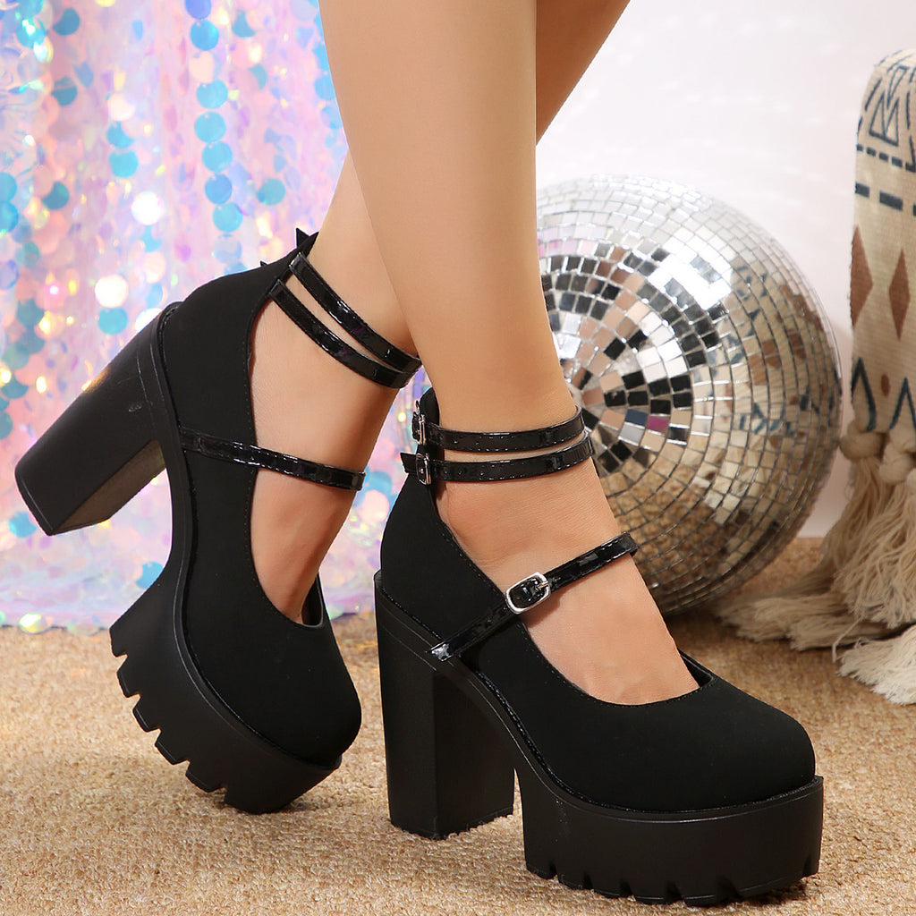 2025 New Autumn and Winter Women's Large Size Flats High Heels Thick Heels Waterproof Platform Pure Color Buckle European and American Style 35-43 Sizes