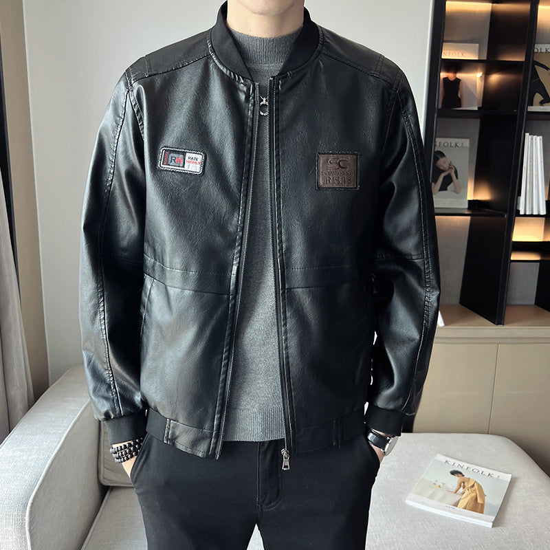Men's Leather Jacket New Men's Handsome Leather Jacket Slim Trendy Korean Style Baseball Collar Jacket Men's Motorcycle Clothing Top