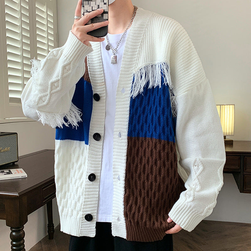 Spliced Personalized Knitted Cardigan Jacket for Men in Autumn and Winter, Trendyy Brand, Loose Sweater for Men, Lazy Style Knitted Sweater