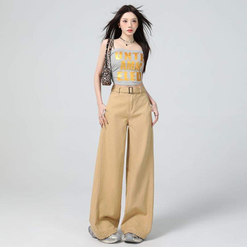 Belt Design Fashionable Wide-Leg Jeans for Women 2025 Summer and Autumn New High-Waist Slim Straight Casual Pants for Women