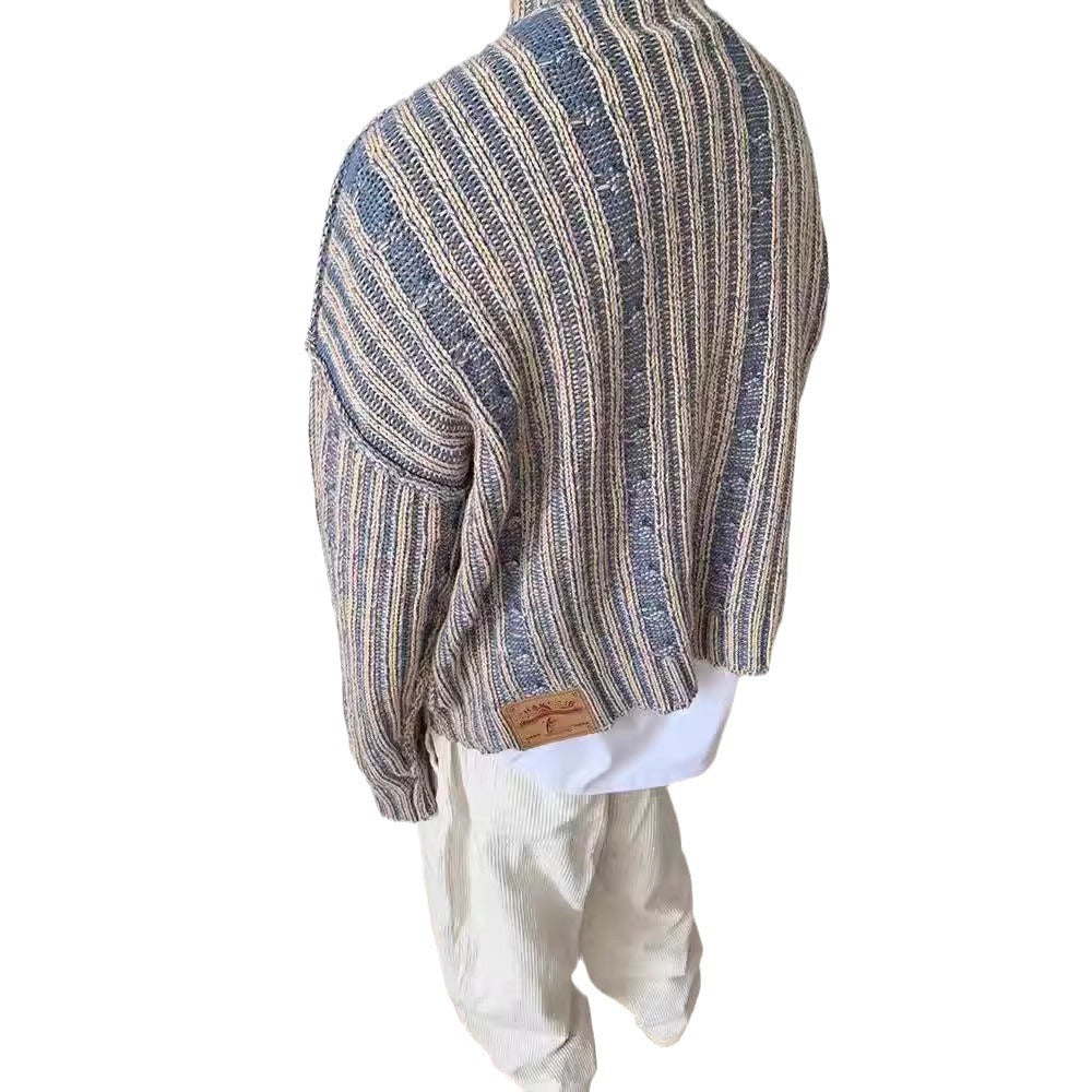 2024 Winter Casual Retro Mixed Color Striped Knitted Trendy Sweater Sense Men's Design Sense Crewneck Pullover for Hair