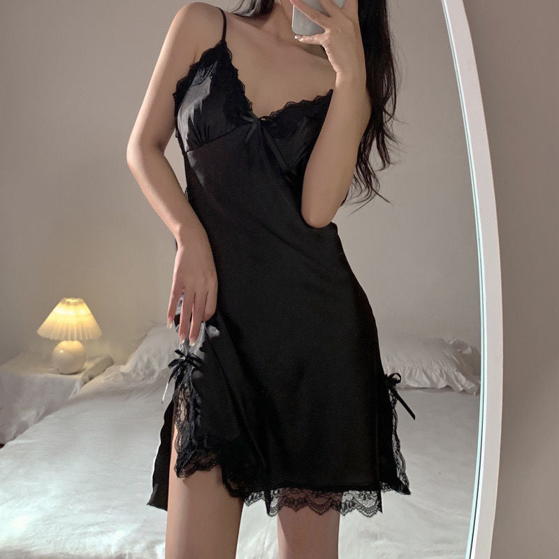 Sexy Pajamas Women's High Elastic Sade Ice Silk Silky Pure Desire Sling Nightgown Women's Hot Summer Home Clothes for Outer Wear