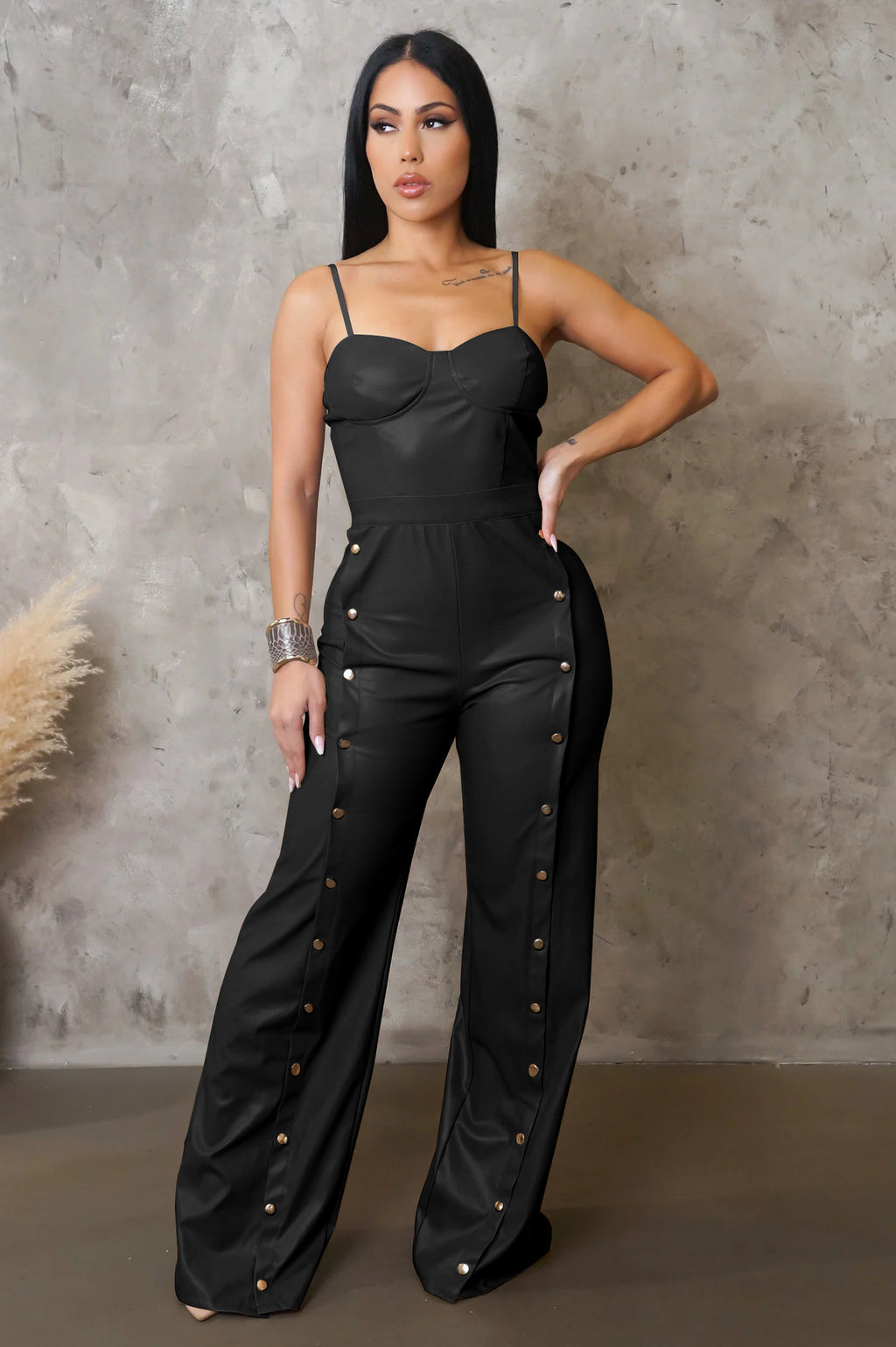 Aj4479 Cross-Border Supply European and American Clothing Pu Leather Suspender Sleeveless Wide-Leg Jumpsuit