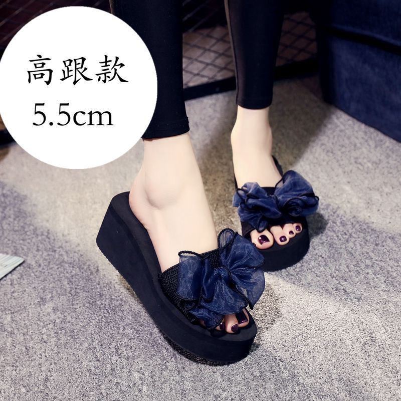 Mid-summer high-heeled slipper butterfly flower women's beach shoes thick-soled sandals and slippers Korean-style non-slip slippers for women