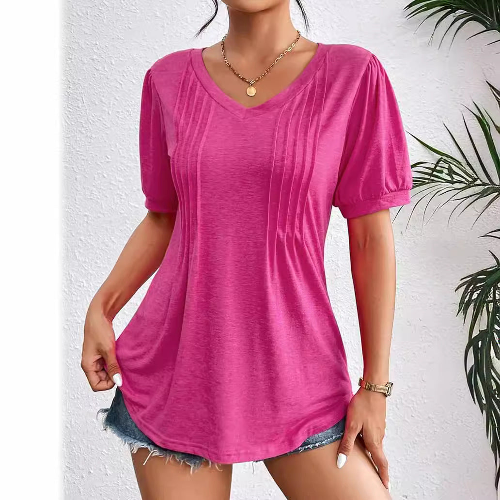 2026 Foreign Trade Cross-Border Women's Clothing V-Neck Solid Color Striped Short-Sleeved T-Shirt for Women