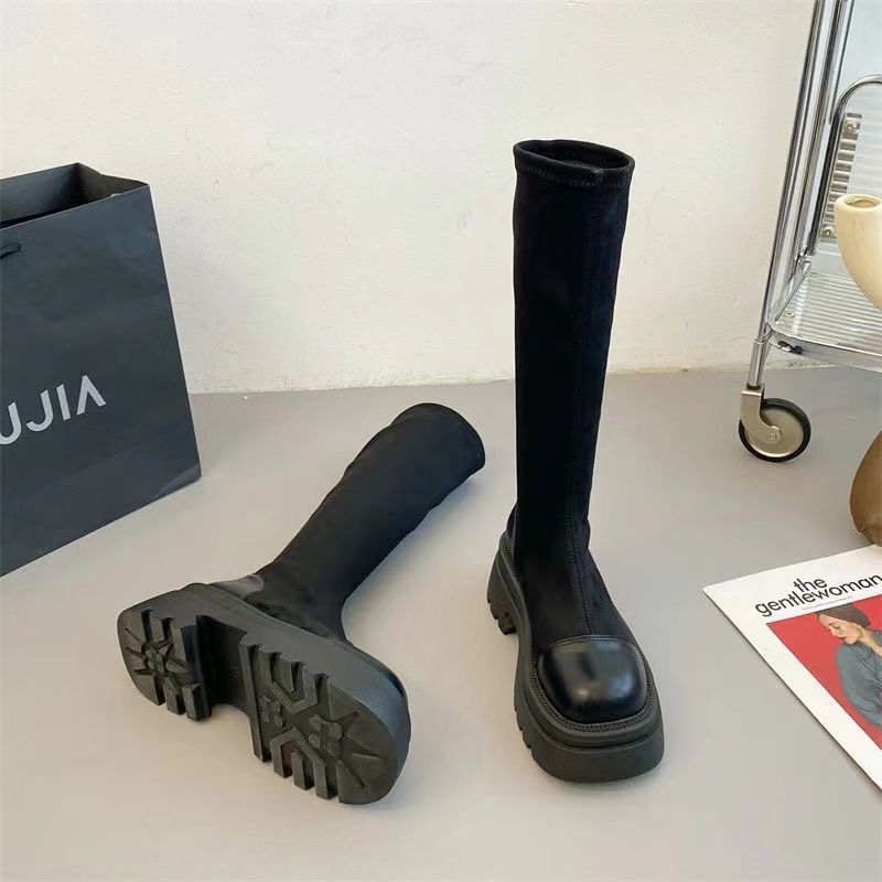 Long Boots for Women 2025 New Thick-Soled High Elastic Boots Retro Boots for Women Autumn and Winter Fleece-Lined High-Heeled Slim Boots