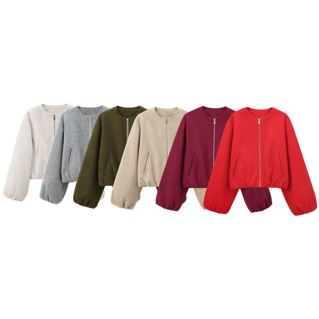 Jacket Soft Foreign Trade Spring New Women's European and American Style Short Round Neck Pilot Zipper