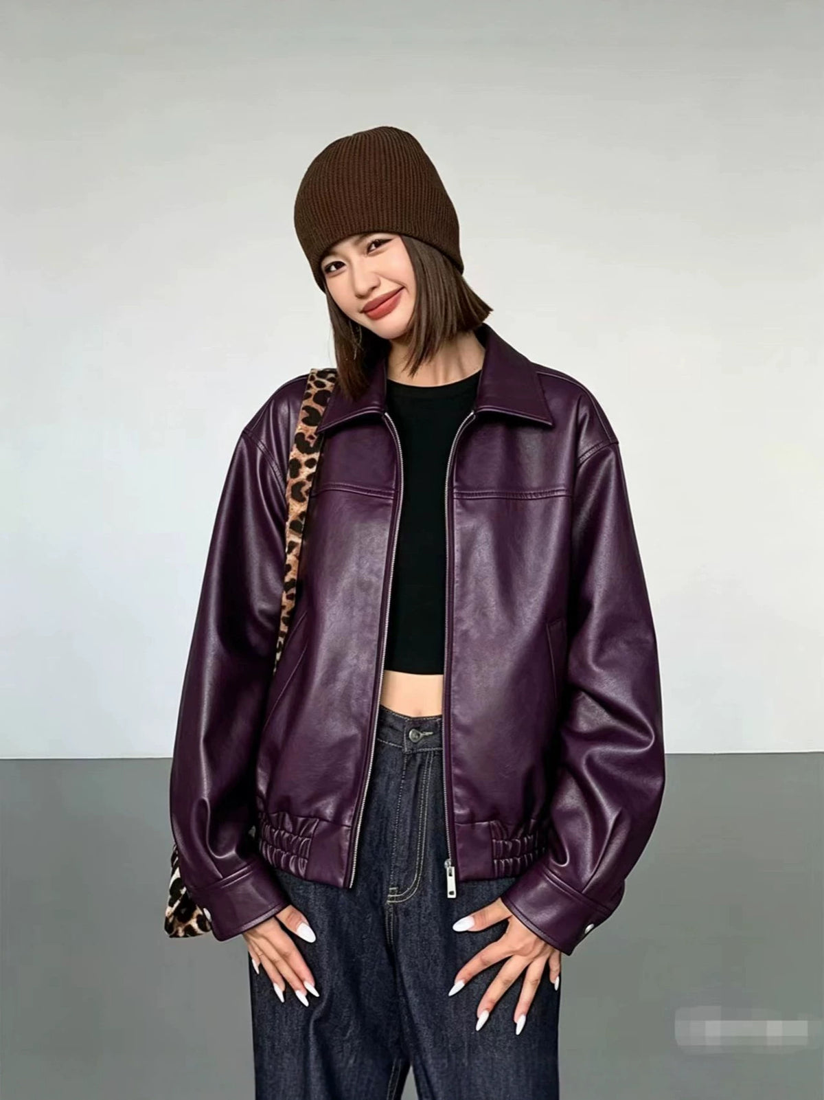 Foreign Trade Wholesale Autumn and Winter New Women's Clothing High-End Style Lapel Long-Sleeved Zipper Faux Leather Casual Jacket