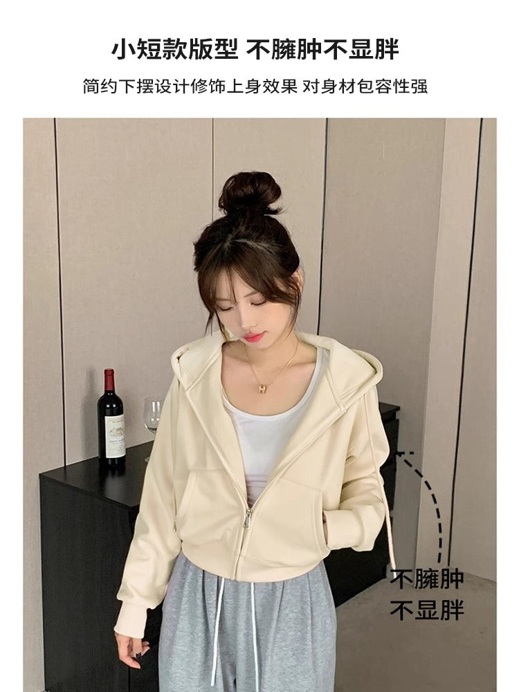 Early Spring Short Hooded Sweatshirt Jacket for Petite Women, Spring Outfit 2026 New Style, Regular Shoulder Cardigan for Spring and Autumn