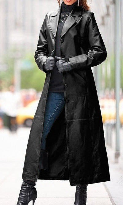 Ready-Made Cross-Border Supply European and American Clothing Buttoned Leather Jacket Long Outwear Slim Large Size Leather Windbreaker Wholesale