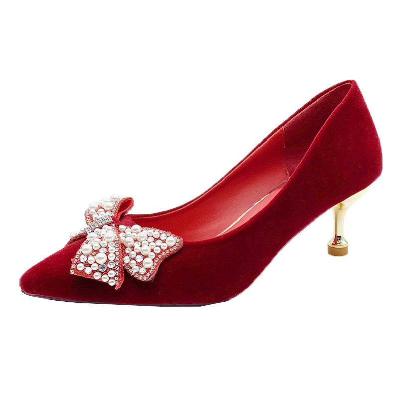 Red Wedding Shoes Women's 2022 New Pearl Bow High Heels Pointed Thick Heel Shoes Xiuhe Shoes Spot Hair
