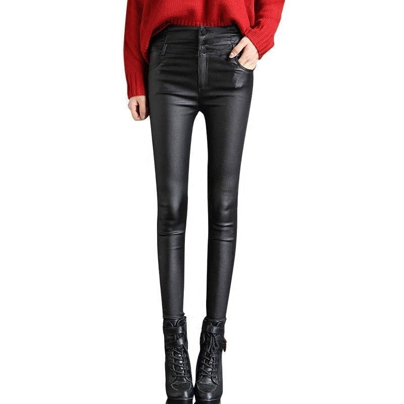 2025 Autumn and Winter High-Waisted Matte Pu Leather Pants for Women to Wear as Outerwear Fleece-Lined Bottoming Coated Leather Pants Slimming Look Pencil Pants for Small Feet