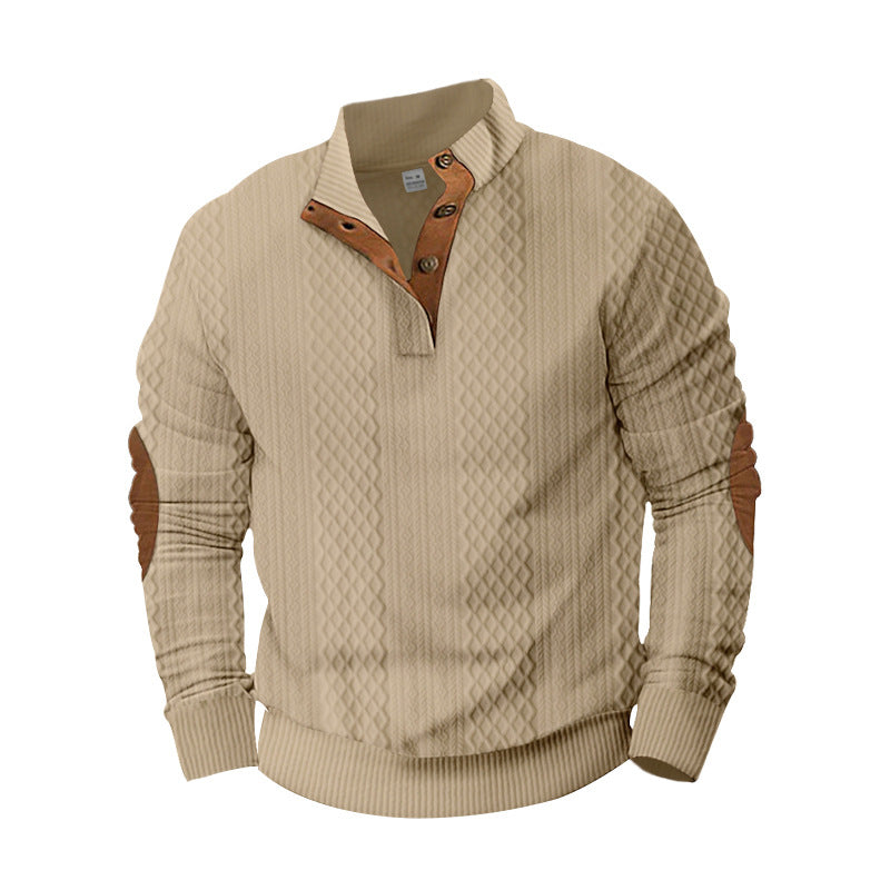 Cross-Border European and American Spring and Autumn Men's Sweatshirts with Half-Zip, Casual Jacquard Stand Collar, Long Sleeves, Patch Design, Versatile