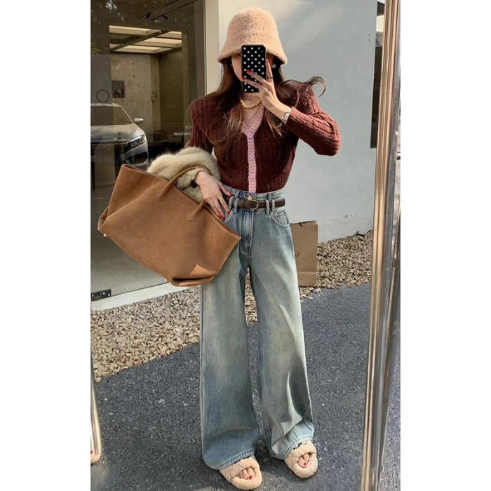 Light-Colored Wide-Leg Jeans for Women, High-Waisted and Drapey, 2025 Spring New Style, Fashionable, Simple, Loose, Slimming Straight-Leg Pants