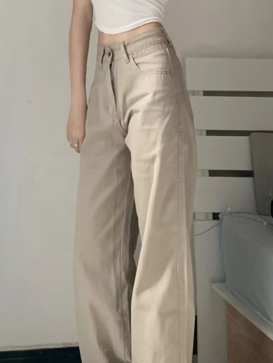 Khaki Jeans for Women Spring & Fall New Style High-Waisted Slim Fashion Versatile Straight-Leg Loose Floor-Length Wide-Leg Long Pants