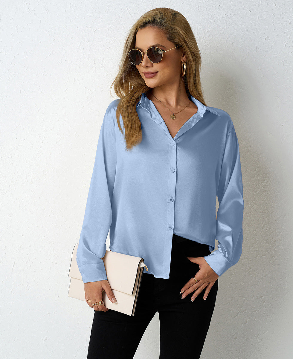 Real Shot of Cross-Border Women's Satin Shirts for Women, Simple V-Neck Cardigan Shirts, Amazon Women's Loose Tops