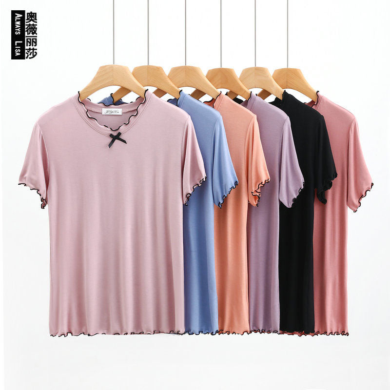 Spring and Summer 2023 New Modal Cotton Pajamas Women's Summer Short-sleeved Flex V-neck Bow Thin Age-reducing Top