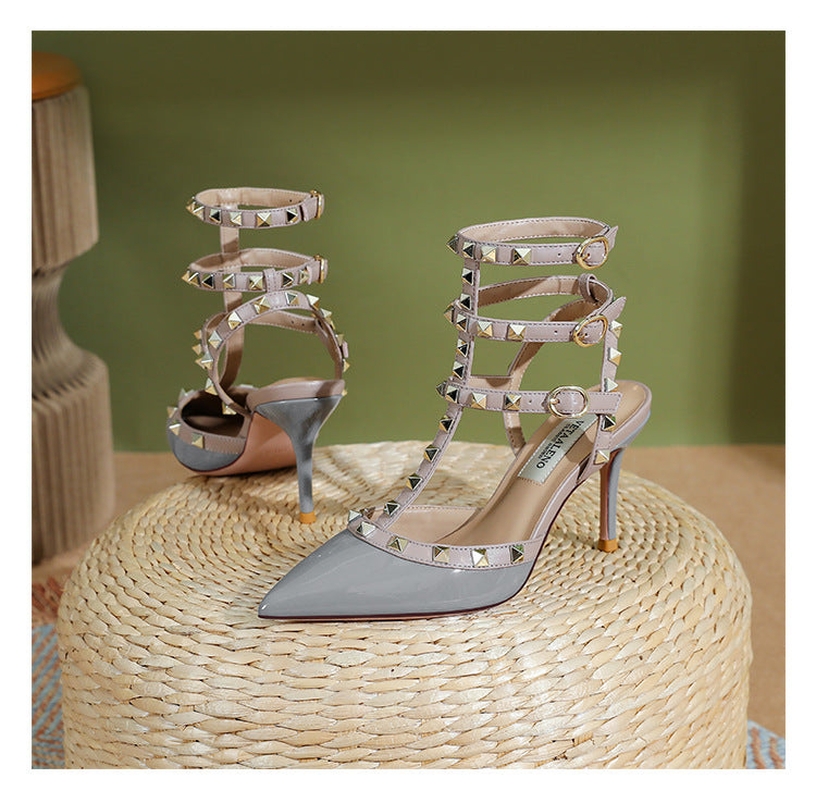 2025 Summer New Pointed Black Rivet High Heels girls Sandals Stiletto Beautiful Nude Shoes Willow Shallow