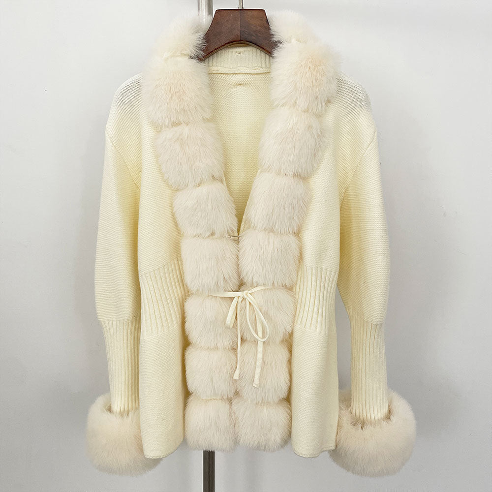 Women's Knitted Sweater 25 Spring Knitted Cardigan Imitation Fox Fur Coat Women's New Style Short Sweater Women