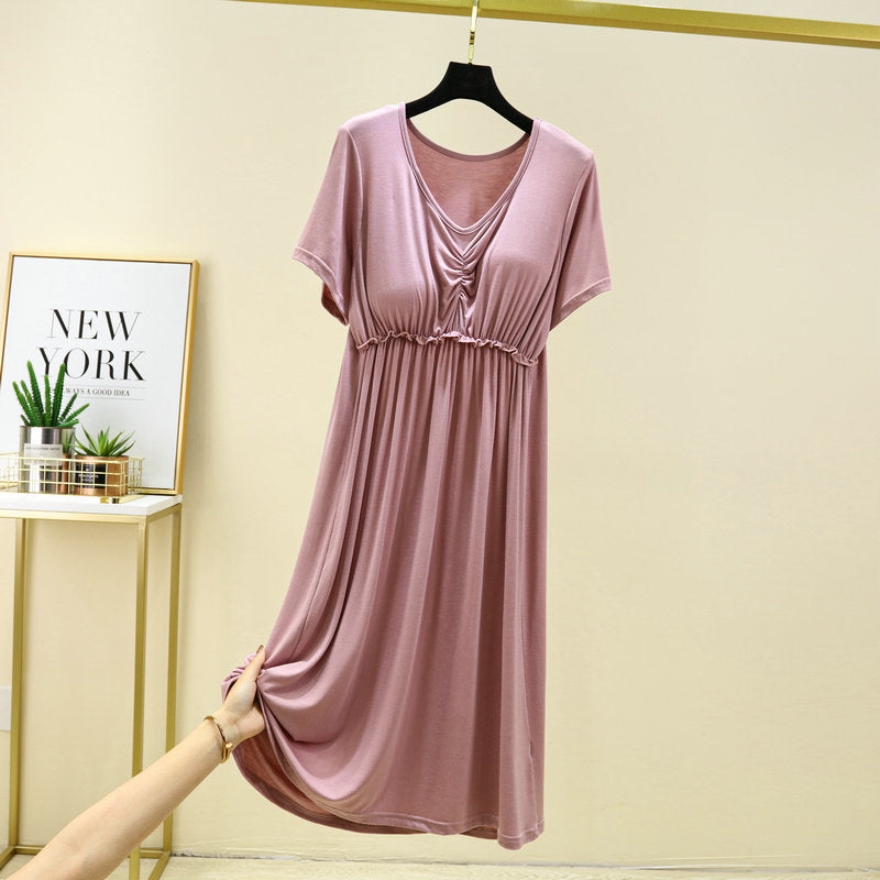 Women's Summer Thin Non-Bra Pajamas with Chest Pad Modal Loose Large Size Short Sleeve V-neck Home Dress