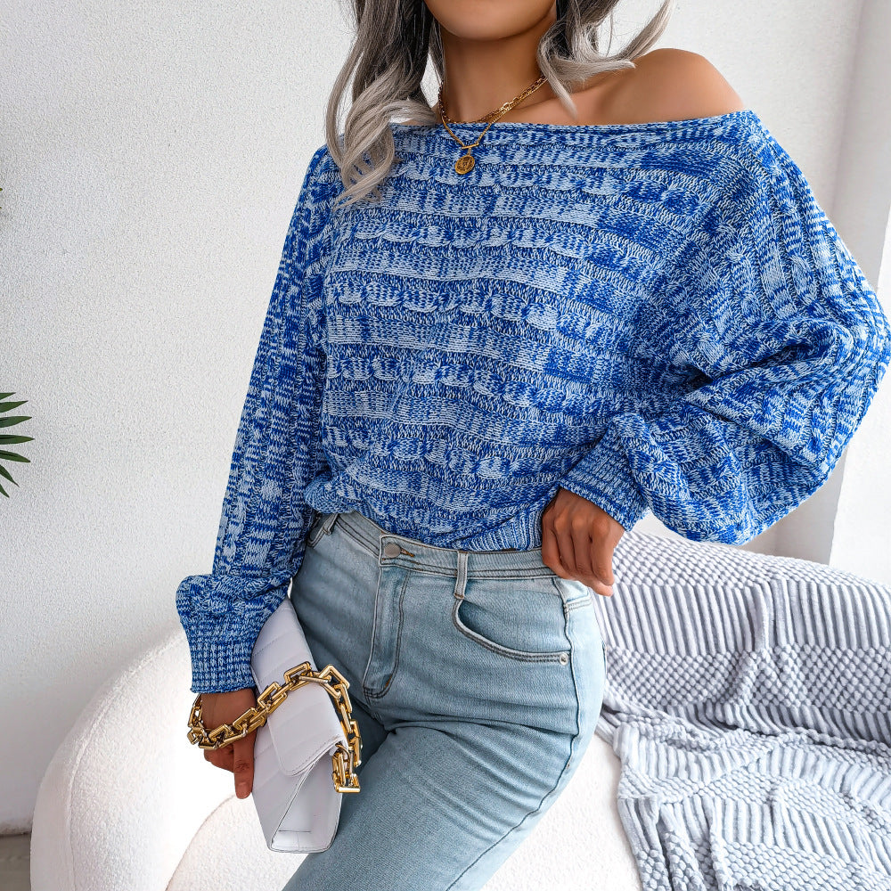 Clearance Sale Real Shot 2022 Autumn/Winter Fashion Colorful Cable Knit Long Sleeve Off-Shoulder Sweater Amazon Cross-Border Women's Clothing