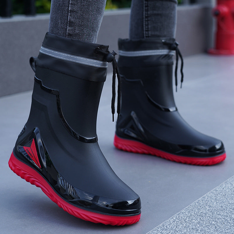 Men's Rain Boots with Cuffs, New Waterproof Shoes, Outdoor Drawstring Boots, Kitchen Non-Slip Work Rubber Shoes, Fleece-Lined Warm Rain Boots