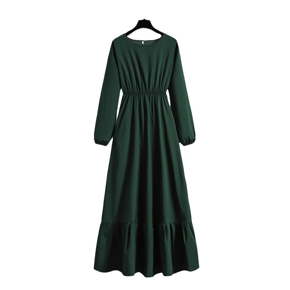 Cross-Border Export Aliexpress Women's New Long Skirt Pure Color Pullover Long-Sleeved Waist A-Line Dress