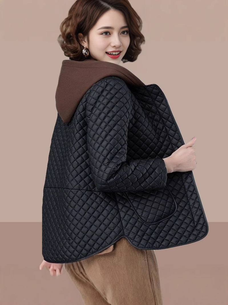 Lingge cotton-padded jacket women's 2024 autumn and winter new fashion age-reducing middle-aged mother hooded loose plus size cotton-padded jacket