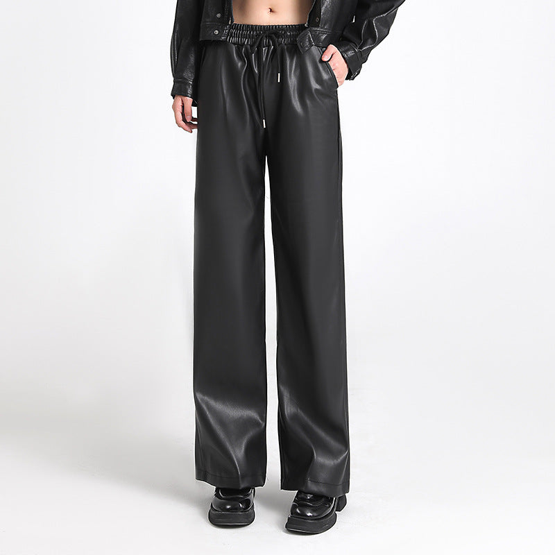 Women's Leather Pants 2025 New Autumn and Winter Black High-Waisted Loose Straight Slimming Petite Pu Leather Wide-Leg Pants