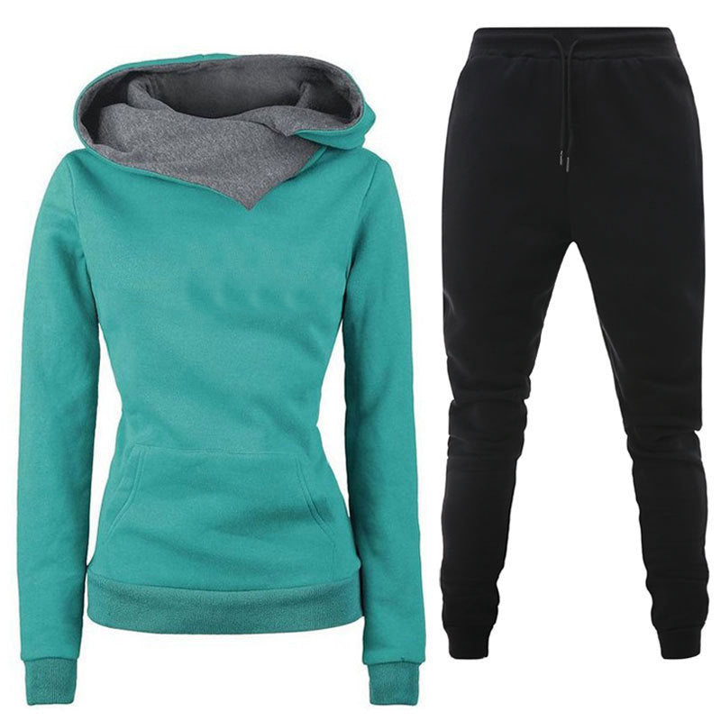Cross-border autumn and winter thickened fleece casual sportswear solid color women's irregular hoodie sweatshirt sweatpants suit