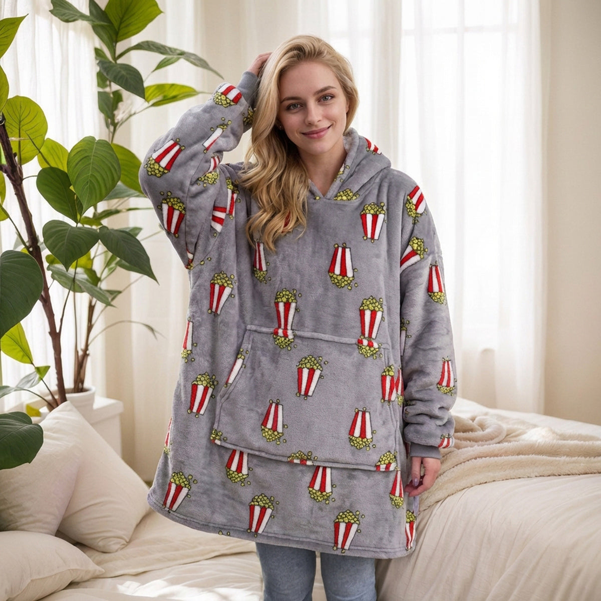 2021 Winter Fleece-Lined Thickened Navy Blue and Dark Gray Zip-Up Lazy Blanket Long-Sleeve Casual Flannel Hoodie