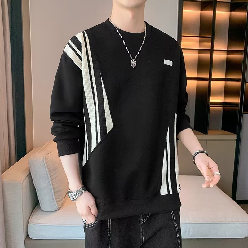 Design Sense Sweat Spring and Autumn Korean Style Fashionable Brand Loose Round Neck Stitching Men's Clothes Long Sleeve T-Shirt Men's Top