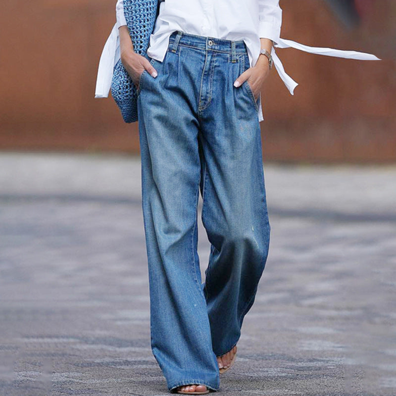 Amazon Casual Jeans for Women, Cross-Border High-Waisted Slimming Wide-Leg Pants, Loose Floor-Length Pants, Denim Trousers, Versatile