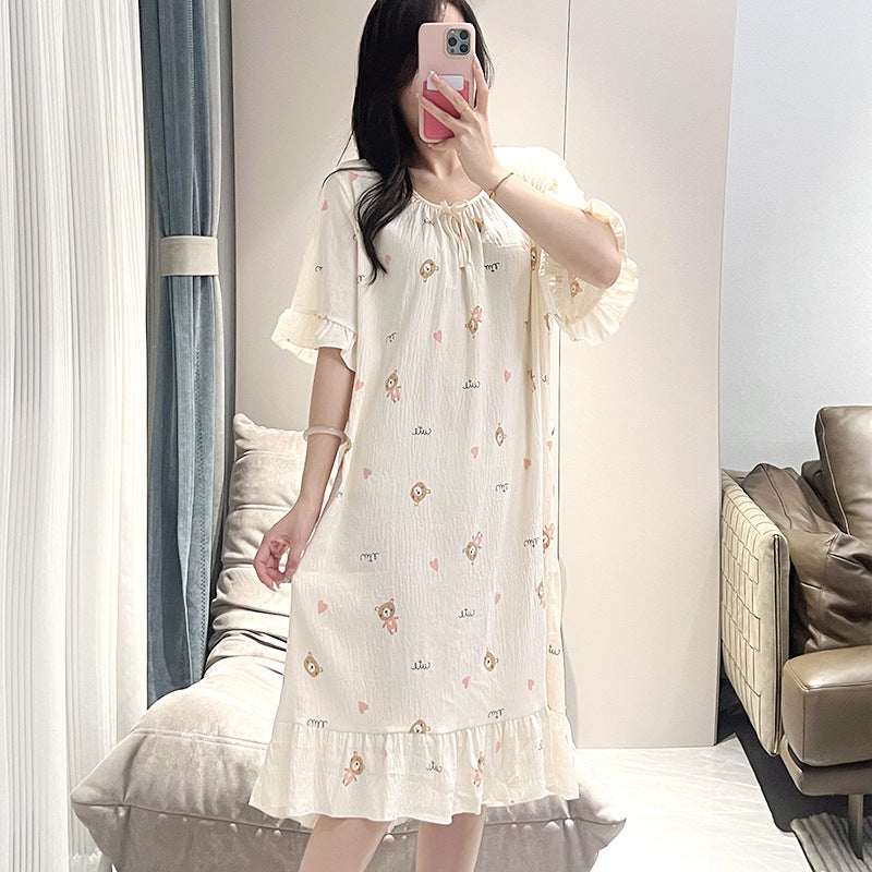 Pajamas women's close-fitting cloud cotton comfortable long short sleeve printed simple casual dress nightgown manufacturers wholesale