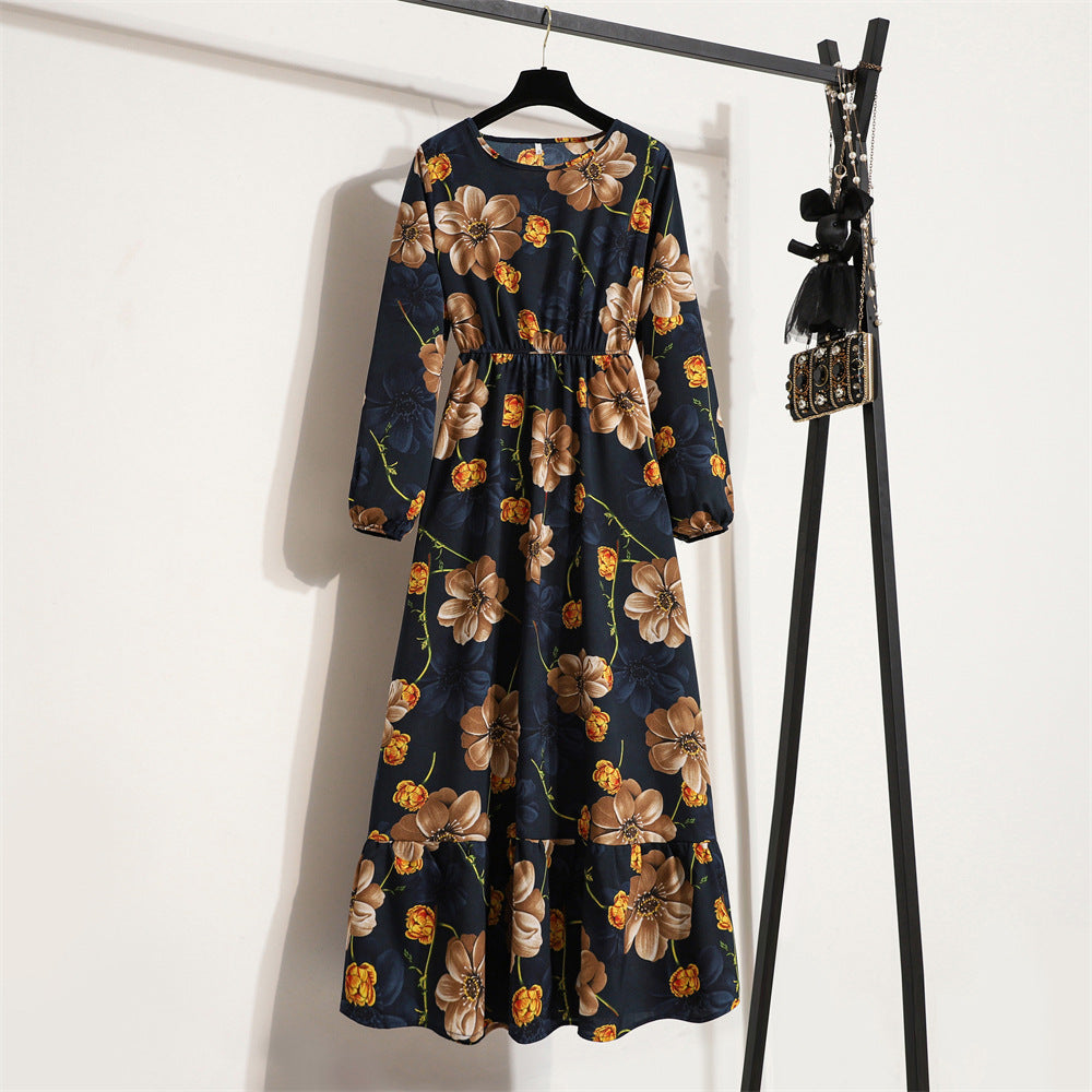 Cross-border Foreign Trade Floral Chiffon Long Dress Women's Spring Dress Long Sleeve Crewneck Base Skirt Waist Slim Long Dress