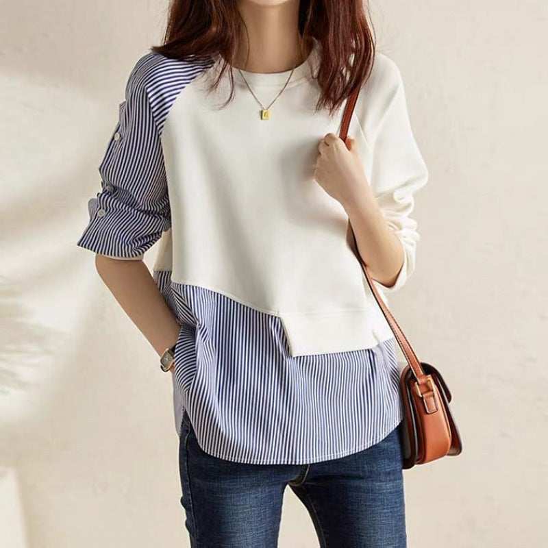 Eclectic Design Sense Niche Stitching Round Neck Sweater Women's Spring and Autumn New Irregular Striped Loose Cotton Top