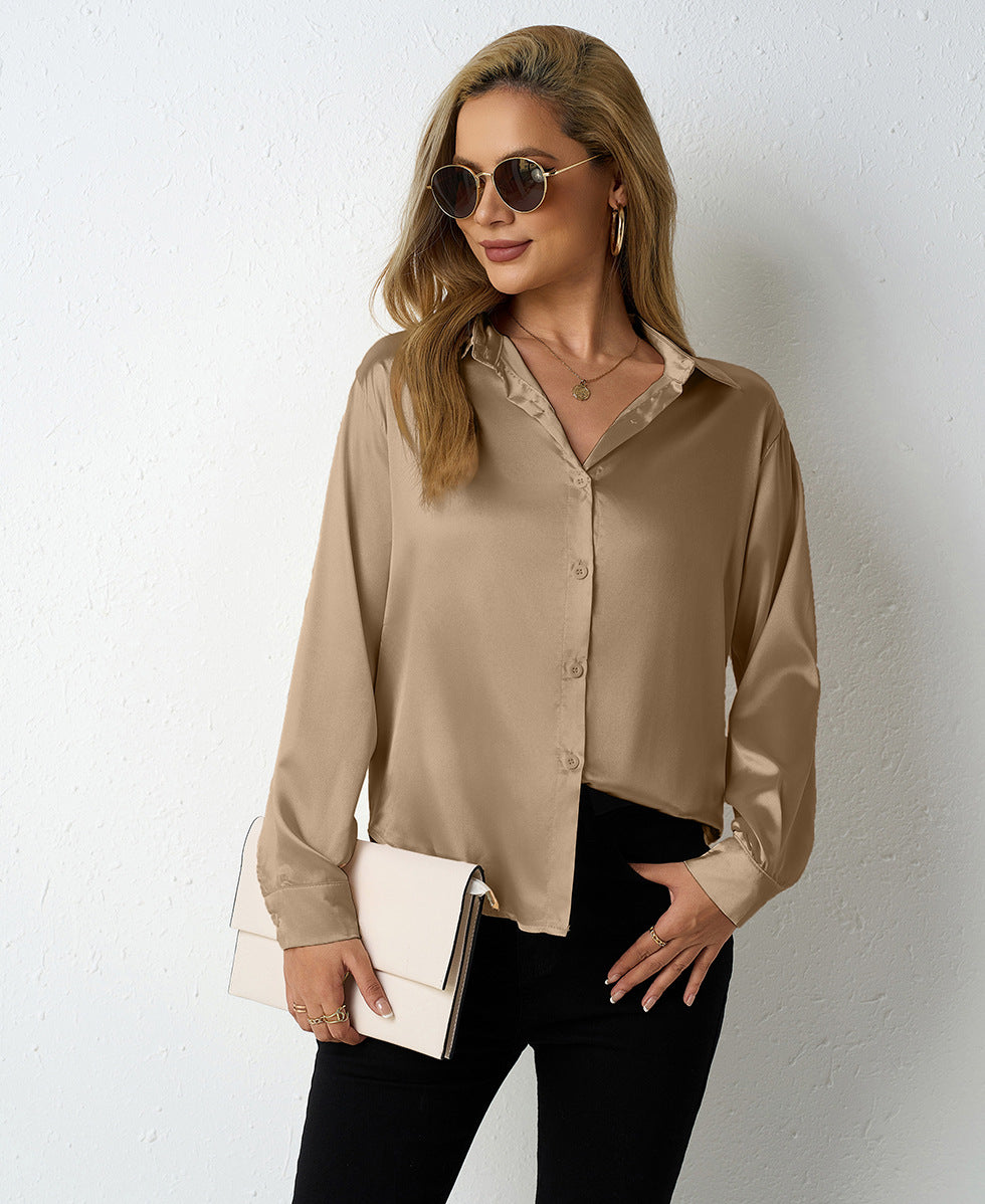 Real Shot of Cross-Border Women's Satin Shirts for Women, Simple V-Neck Cardigan Shirts, Amazon Women's Loose Tops