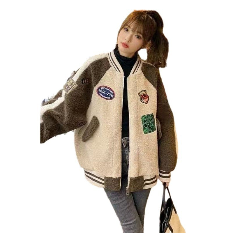 Coat Women's European Station 2025 Fall/Winter New Loose plus size Baseball Suit Ins Student Jacket Thickened Lamb Wool