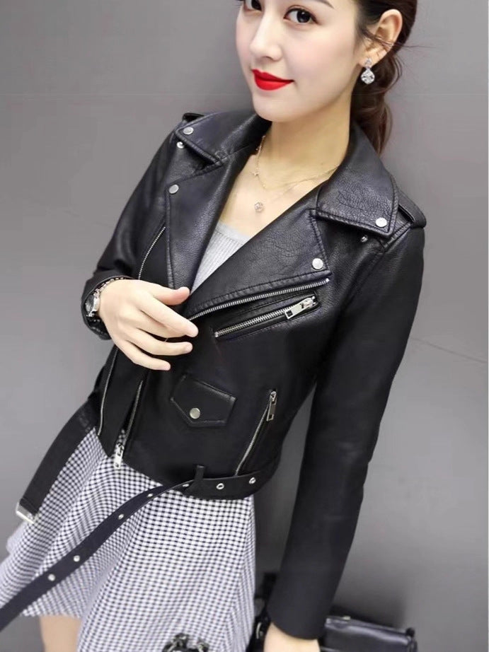 Women's Short Leather Jacket for Spring and Autumn, Motorcycle Pu Leather Jacket, Slim Fit, Plus Size, Student Style, Small Lapel, European and American Style
