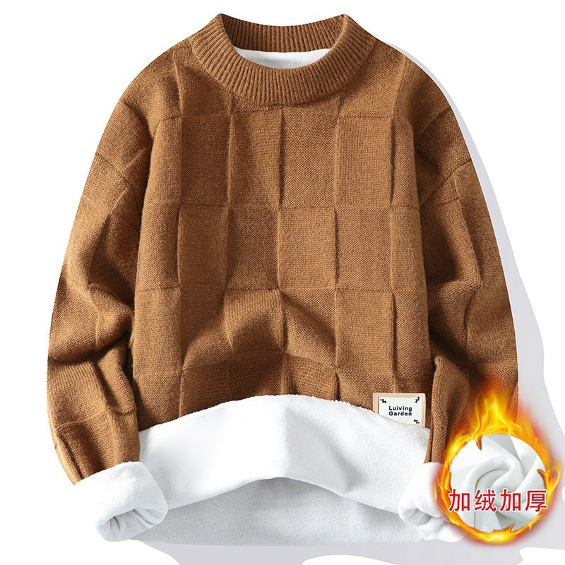 Sweater Men's Autumn and Winter New Half-turtleneck fleece-lined Thickened Warm Inner Men's Contrast Color Stitching Sweater Trend