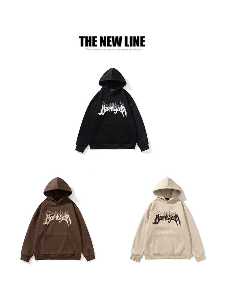 2026 American-Style Heavyweight Fleece-Lined Hooded Sweatshirt for Men, Loose Fit with Embroidered Letters, Couple's Style Embroidered Jacket for Spring and Autumn