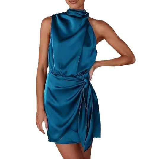 Spring 2024 Women's Short Formal Satin Dress Summer Sleeveless Collar Lace Up Waist Cocktail Party