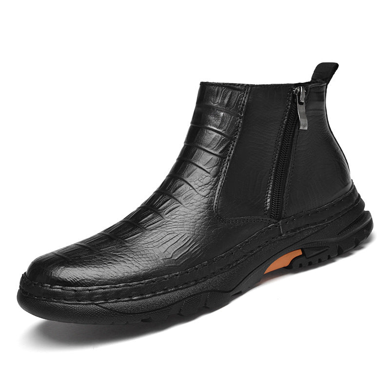 Men's Shoe Top Layer Cowhide Short Boots Business Leather Boots Outdoor Casual Autumn and Winter High Top Zipper Set Foot Crocodile Cotton Boots