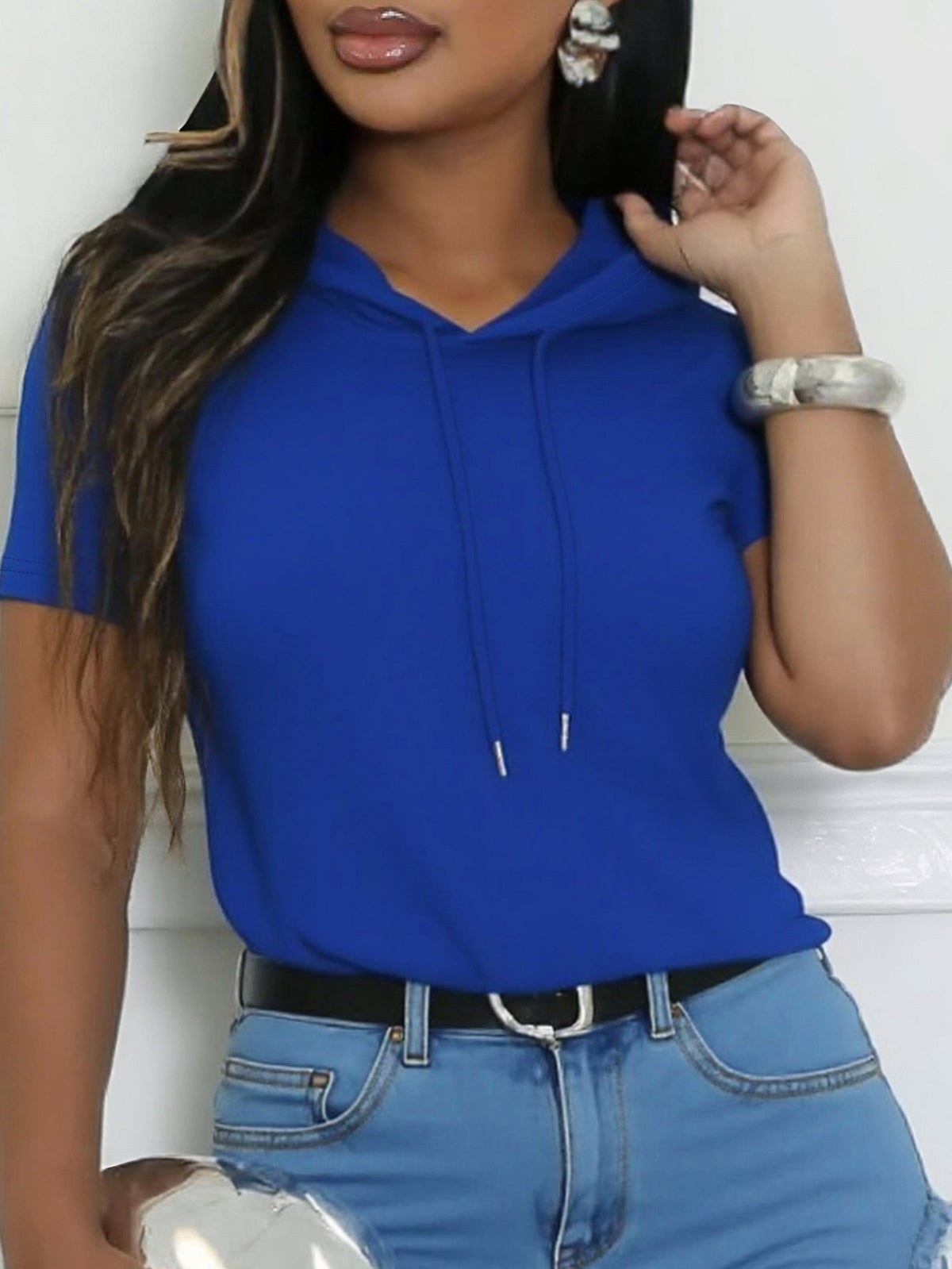 Cross-Border Amazon European and American Fashion Elegant Short-Sleeved Women's Short Hooded Sweatshirt